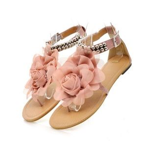 Leatherette Flat Heel Sandals With Beading Buckle
